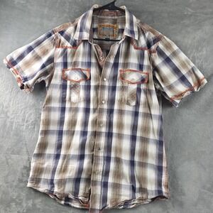 Petrol Pearl Snap‎ Shirt Men's Size L  Short Sleeve Plaid Western Rockabilly